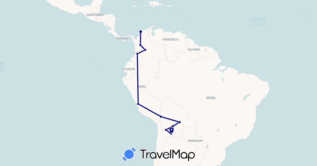 TravelMap itinerary: driving in Bolivia, Colombia, Peru (South America)